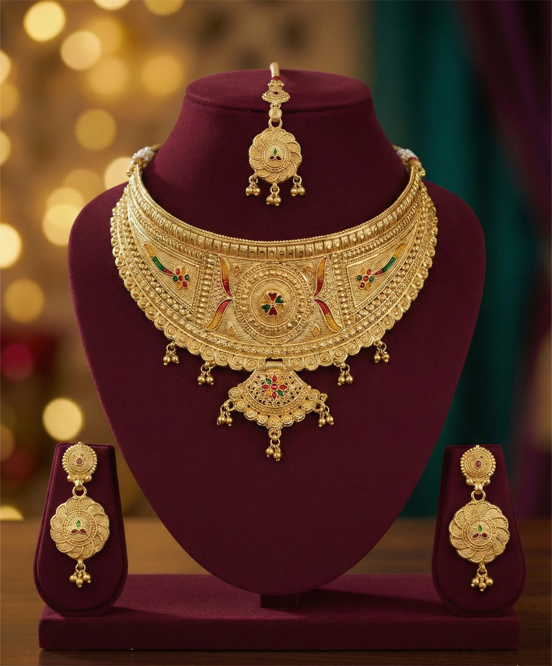 Royal Antique Gold Choker Necklace Set with Maang Tikka & Earrings
