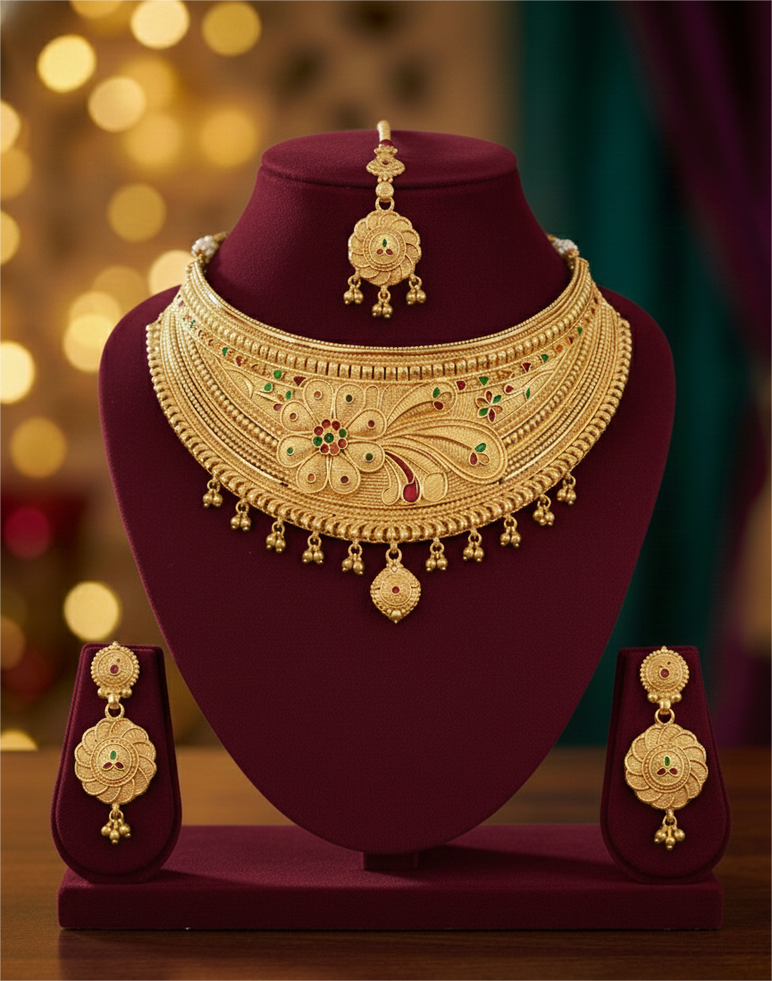 👑 Royal Gold Floral Bridal Necklace Set