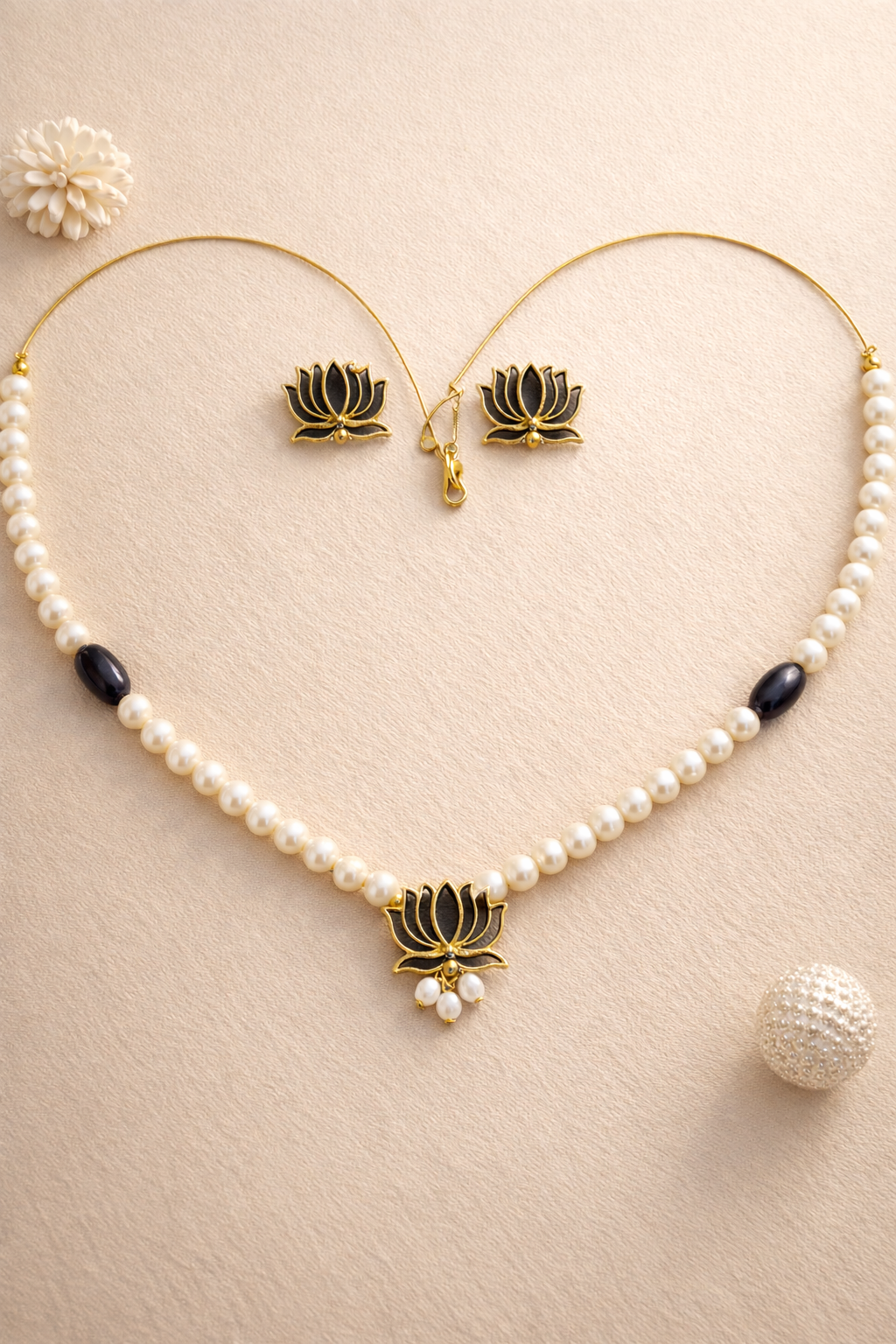 🖤 Black Lotus Pearl Necklace Set