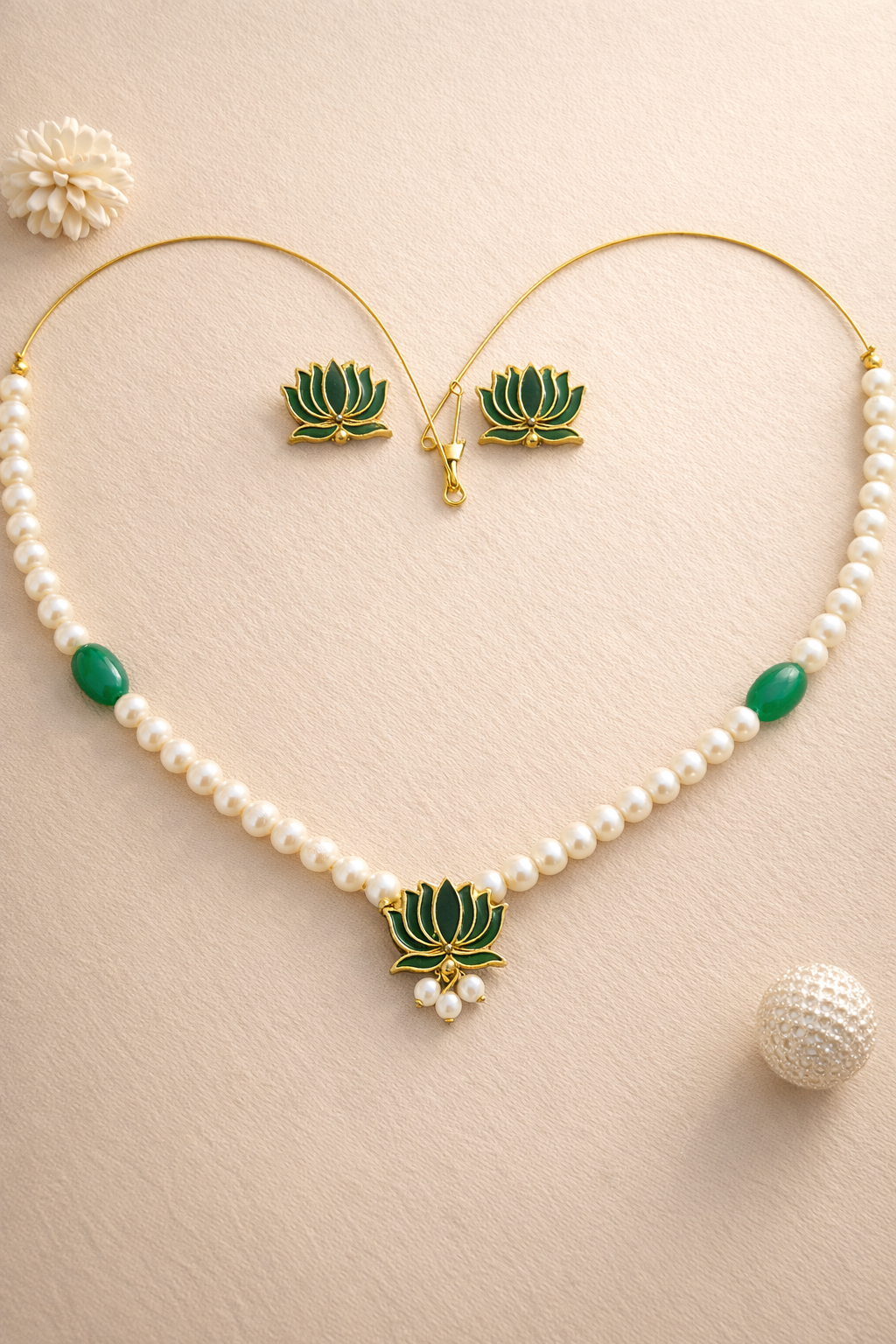 💚 Green Lotus Pearl Necklace Set