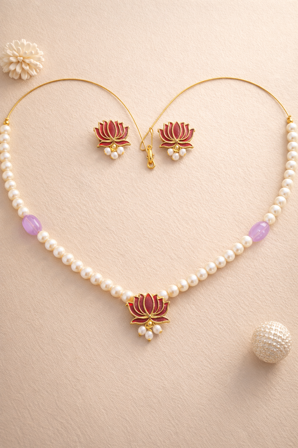 ❤️ Ruby Red Lotus Pearl Necklace Set