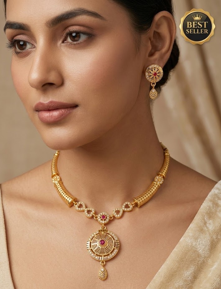 ✨ Gold-Tone Ruby Pendant Necklace Set