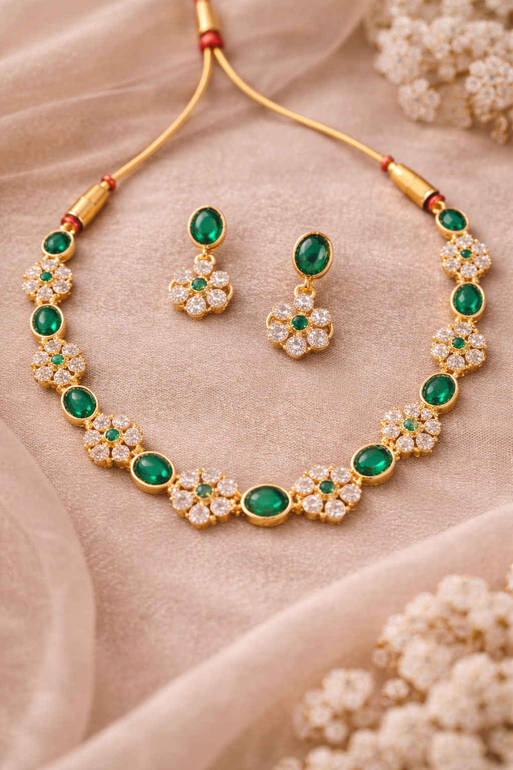 💚 Emerald Green Floral Necklace Set