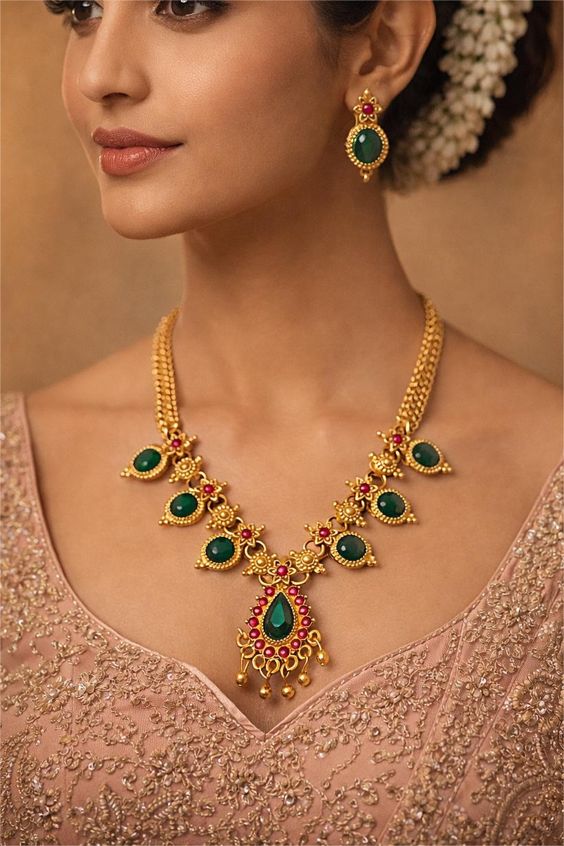 Green & Gold Traditional Kundan Necklace Set ✨