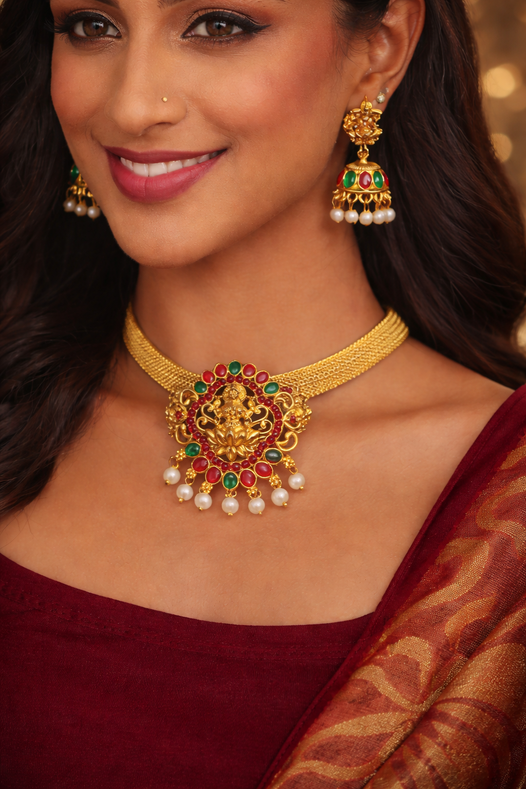 🌺 Temple-Style Kundan Necklace & Jhumka Set