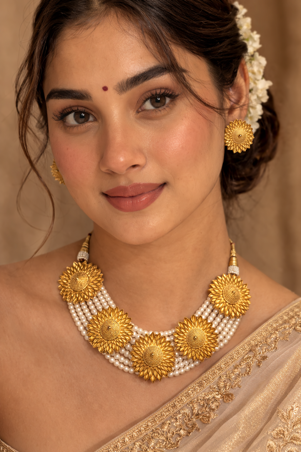 Golden Sunflower Pearl Necklace Set
